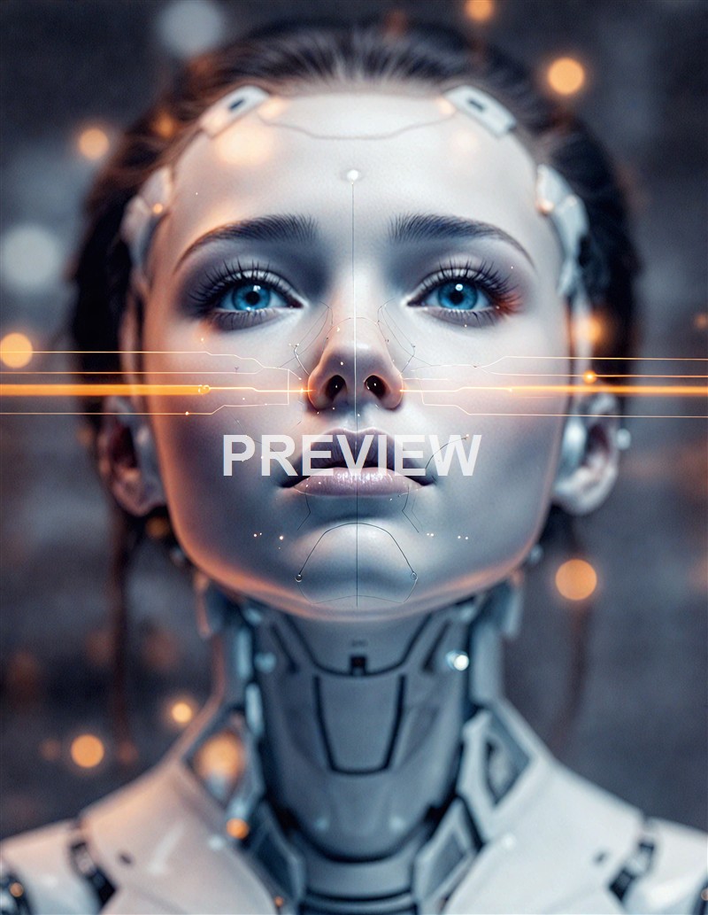 A highly realistic humanoid robot with human-like facial features and striking blue eyes, wearing a futuristic suit with digital and mechanical elements, set against a blurred background with glowing lights.
